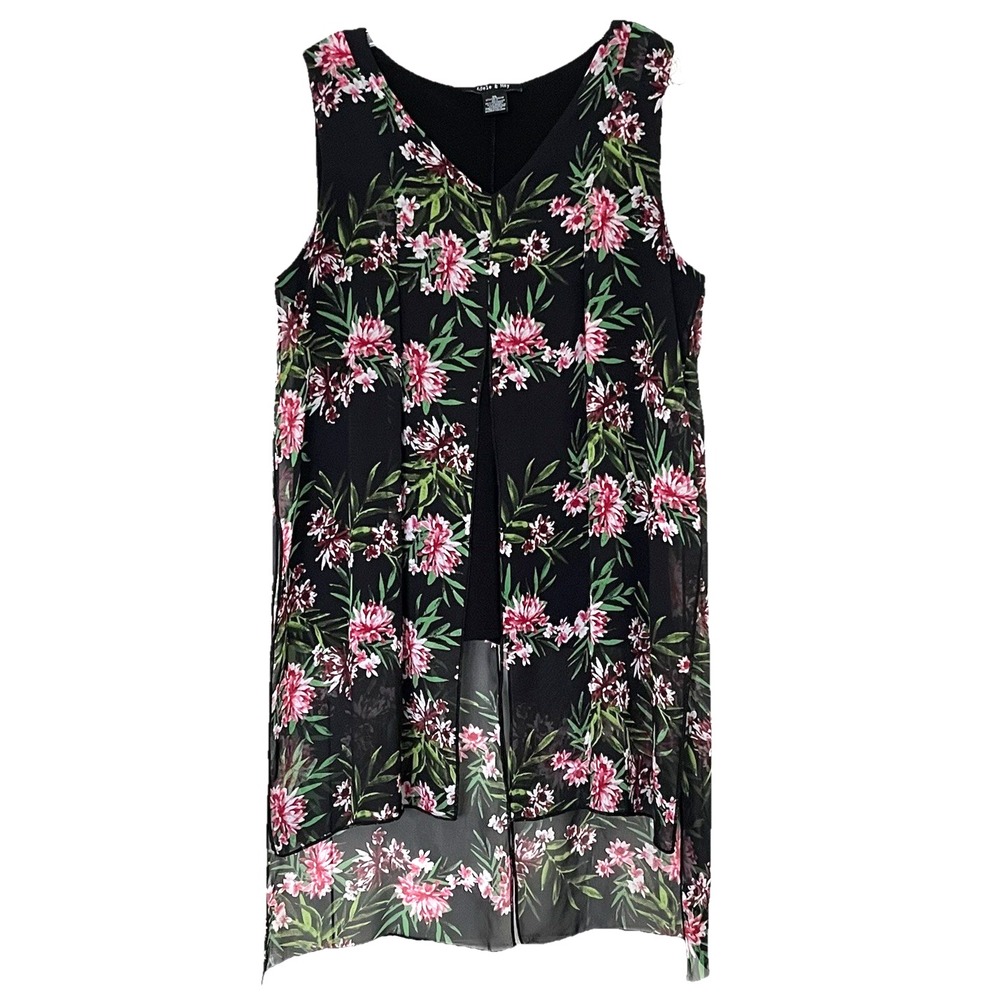 Adele‎ & May Sleeveless Split Front & Back Blouse XL Black Floral Sheer Overlay